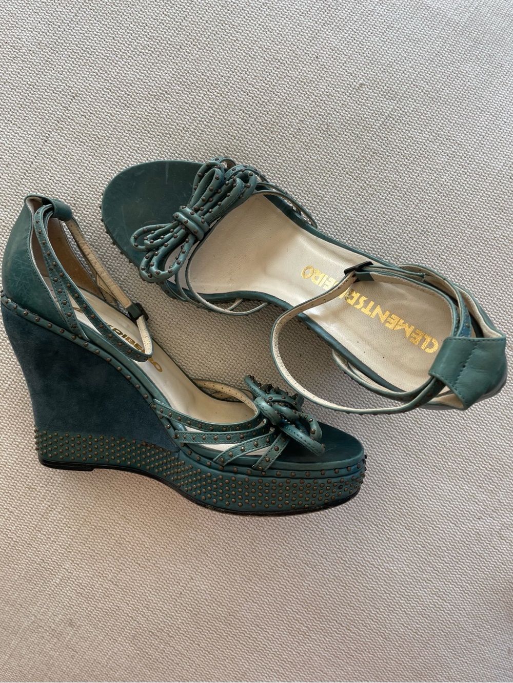 Clements Ribeiro Teal Suede Bow Ankle-Strap Wedges